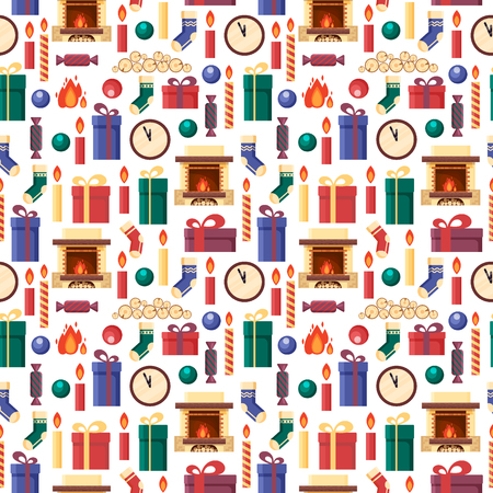 Seamless pattern christmas elements - gifts, clock, candle, fireplace, socks, wood, candy. Colorful festive objects for greeting card in flat style - stock vector illustrationのイラスト素材
