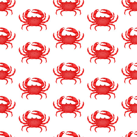 Seamless pattern with flat red crab isolated on white background - vector illustration. Sea water animal icon with claws. Seafood product designのイラスト素材