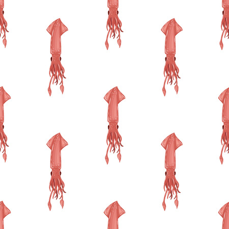Seamless pattern with flat pink squid, isolated on white background. Red creature, wildlife of underwater world. Sea food - vector illustrationのイラスト素材