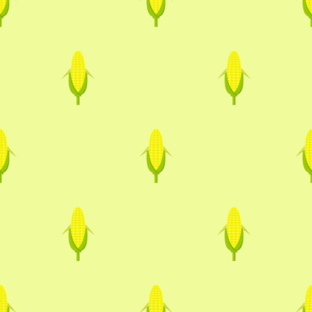 Seamless pattern vector yellow corn in flat style on green background. Ripe vegetable, corncobs, farming design elementsのイラスト素材
