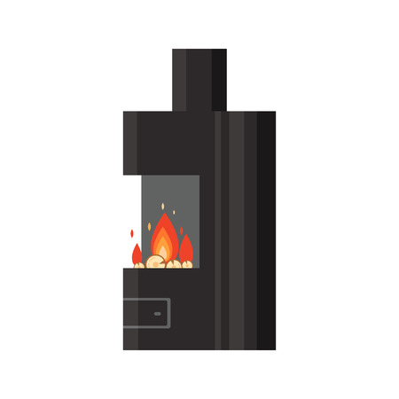 Vector different colorful home fireplace with fire and firewood isolated on white background. Design elements for room interior in flat style, fire warm - stock illustration.のイラスト素材