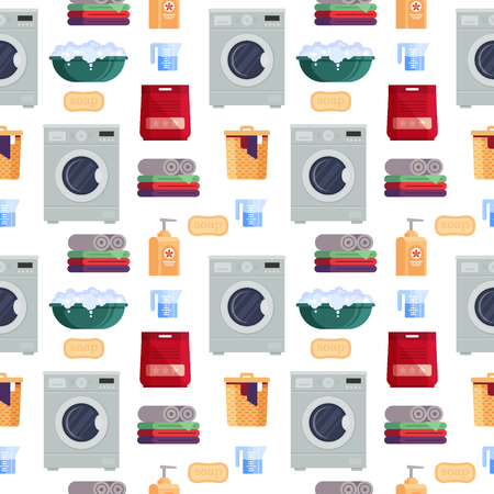 Laundry service seamless pattern, house cleaning tools on white background. Detergent and launder products, household equipment for washing - flat vector illustrationの写真素材