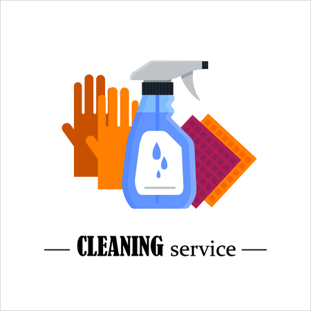 Cleaning service. Set house cleaning tools isolated on white background. Detergent and disinfectant products, household equipment for washing. Flat vector illustration.のイラスト素材