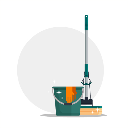 Cleaning service. Colorful set house cleaning tools with bucket, mop, glovers with place for your text. Detergent and disinfectant products, household equipment - flat vector illustrationのイラスト素材