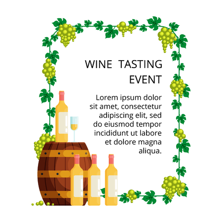 Wine tasting concept for invitation card with bottles of wine and a barrel.のイラスト素材