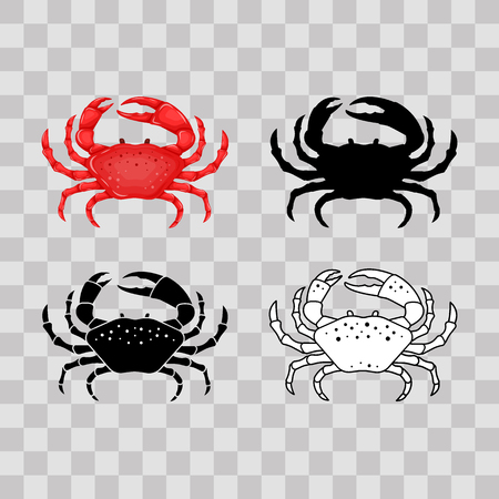 Set of flat red, black, thin line white crab isolated on transparent background - vector illustration. Sea water animal icon. Zodiac canserのイラスト素材
