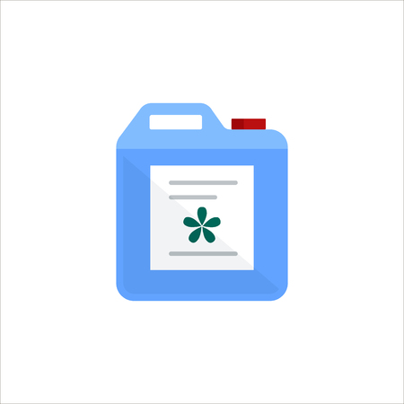 Blue plastic can isolated on white background. Cleaning service logo, laundry detergent and disinfectant products, cleaner for toilet, bath - flat vector illustrationのイラスト素材