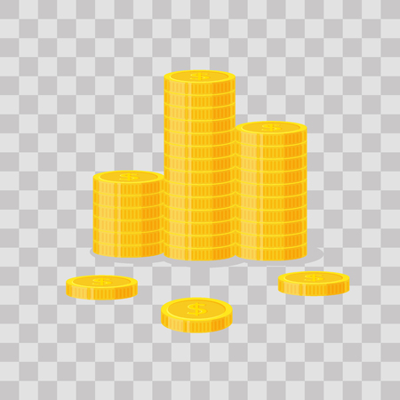 Coins stack vector illustration, icon flat finance heap, dollar coin pile. Golden money standing on stacked, gold piece on transparent background - flat style.のイラスト素材