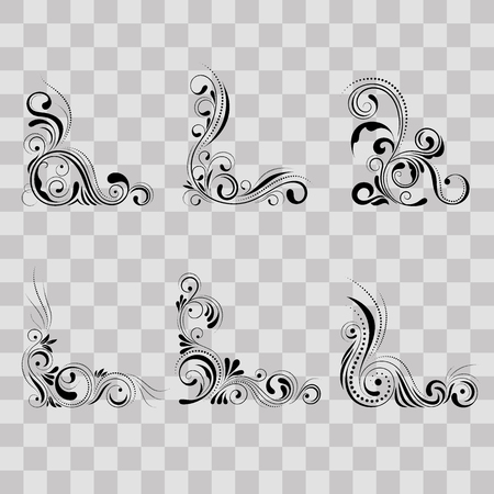 Set floral corner design. Swirl ornament on transparent background - vector illustration. Decorative border with curve elements, patternのイラスト素材