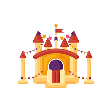 Inflatable castle trampoline for children isolated on white background. Playground, amusement park element, childish entertainment yellow bouncy toy vector illustrationのイラスト素材
