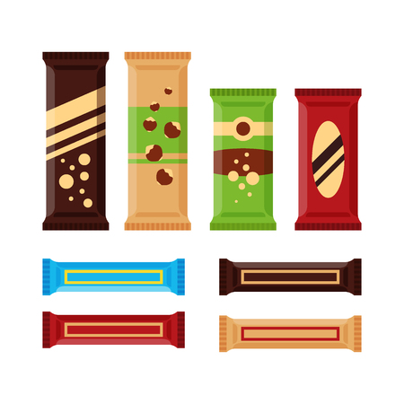 Set of colorful chocolate bars icons isolated on white background. Chocolate product, protein bar for vending machine in flat style.のイラスト素材