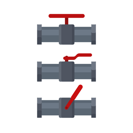 Set of pipelines faucets isolated on white background. Flat elements of water tubing. Plumbing fo gas, oil industry, water pipes sewage. Vector illustration in flat style.のイラスト素材