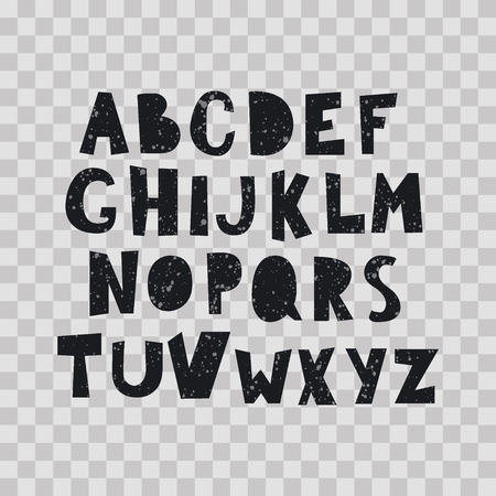 Vector cartoon alphabet with splash on transparent background. Letters in black color, hand drawn font flat style illustration.のイラスト素材