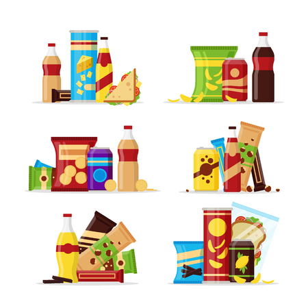 Snack product set, fast food snacks, drinks, nuts, chips, cracker, juice sandwich isolated on white backgroundのイラスト素材