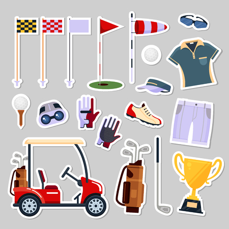 Set of patch badges golf equipment icon logo in flat style. Clothes and accessories for golfing, sport game, vector illustrationのイラスト素材