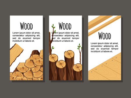 Set of vertical banner firewood materials for lumber industry. Collection of flyers wood logs stubs tree trunk branches boards - flat vector illustration.のイラスト素材