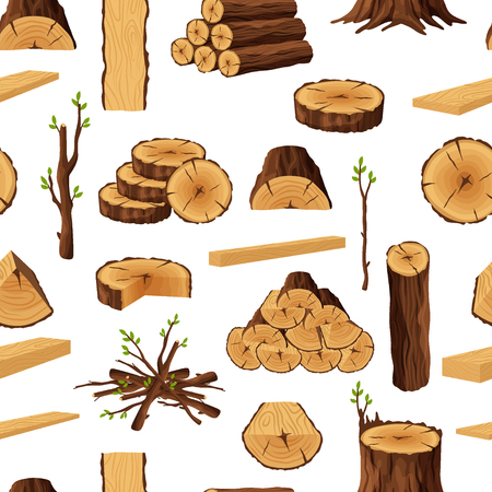 Seamless pattern of firewood materials, rerepeating background with wooden elements. Wood logs stubs tree trunk branches boards stump and planks wooden backdrop - flat vector illustration.のイラスト素材
