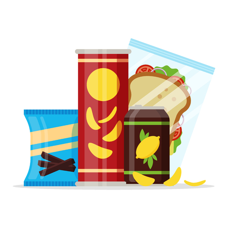 Snack product set, fast food snacks, drinks, chips, juice, sandwich isolated on white background. Flat illustration in vector.のイラスト素材