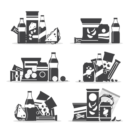 Snack product set in monochrome color, fast food snacks, drinks, nuts, chips, cracker, juice sandwich isolated on white background.のイラスト素材
