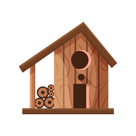 Wooden handmade bird house isolated on white background. Cartoon homemade nesting box for birds, ecology birdbox vector illustrationのイラスト素材