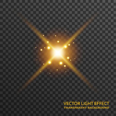Light flare in golden color isolated on transparent background. Sun rays, glowing stars, sparkles with glow effect, vector illustrationのイラスト素材