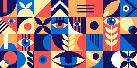 Bauhaus geometric abstract elements with eyes and simple forms. Modern style shapes, minimalistic retro design for poster, cards, book, certificate. Hipster 20s trend collage, vector illustrationのイラスト素材