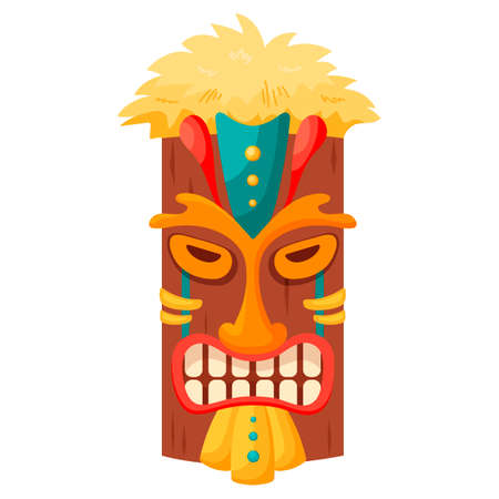 Tiki mask tribal. Hawaiian totem or african maya aztec wooden idol isolated on white background. Ethnic ritual head, polynesian statue, cartoon style vectorのイラスト素材