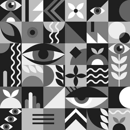 Bauhaus geometric abstract elements in black and white with eyes and simple forms. Modern style shapes, minimalistic retro design for poster, cards, book, certificate. Hipster 20s trend collage vectorのイラスト素材