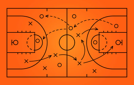 Basketball strategy field, game tactic chalkboard template. Hand drawn basketball game scheme, learning orange board, sport plan vector illustrationのイラスト素材