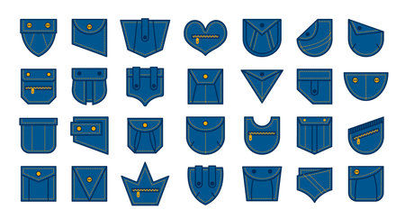 Patch pockets for shirt, bag, pants, dress. Different blue denim pockets with stitch and zipper, jeans casual clothing template, vector illustration on white backgroundのイラスト素材