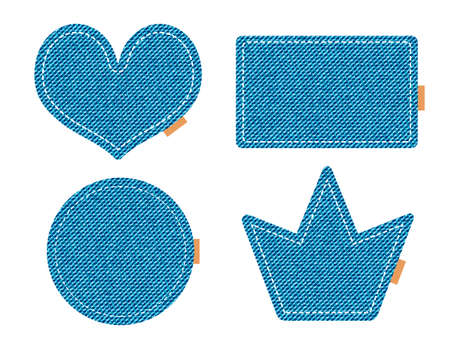 Denim patches in different shapes - heart, crown, circle, rectangle. Blue jeans pieces or badges with white stitch, vector illustration on white backgroundのイラスト素材