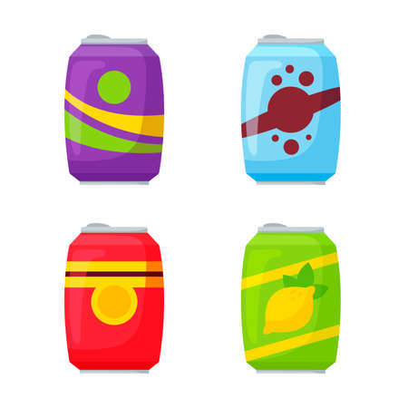 Snack set, fast food drinks products. Beverage bottles with water or juice for vending machine. Food store elements for lunch box or market design, cartoon style vectorのイラスト素材