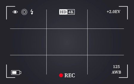 Camera viewfinder frame, video or photo focus screen. Recording or snapshot template, digital display dslr cam, capture interface for photography or videography, flat vector illustrationのイラスト素材