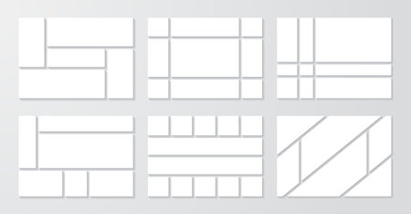 Photo collage template, empty mockup for photo montage. Photo frame collection or moodboard, mosaic pictures gallery for presentation, vector illustrationのイラスト素材