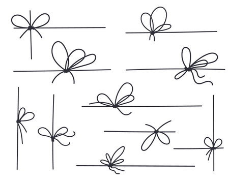 Line bows knots on ribbon for gift decoration. String with rope knots in doodle style, simple thin line wedding elements isolated on white backgroundのイラスト素材