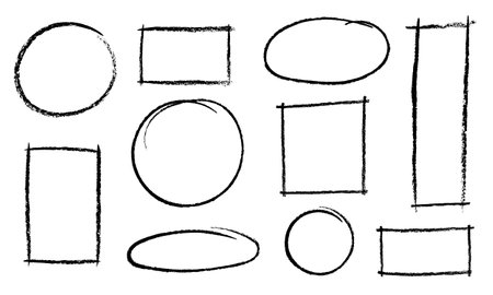 Hand drawn grunge circle, oval, square, rectangle shapes. Doddle outline frames with crayon or pencil texture. Scribble elements for messages, notes labels, vector illustrationのイラスト素材