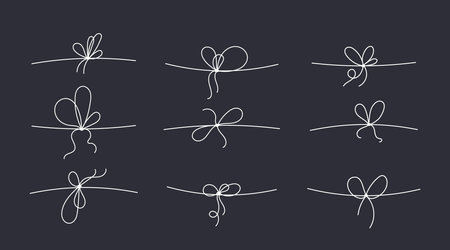 Line bows on ribbon for gift decoration. String with rope knots in doodle style, simple thin line wedding elements isolated on black backgroundのイラスト素材