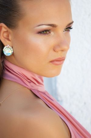 portrait of gorgeous girl in pink classic dressの写真素材