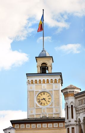 City hall watch tower in Chisinau, Moldova. Vertical panoram of 3 frames.の写真素材