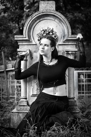 gothic girl at cemetery, black and white variantの写真素材