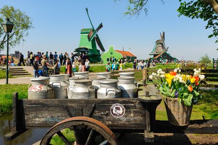 Traditional Dutch village houses in Zaanse Schans, Netherlandsのeditorial素材
