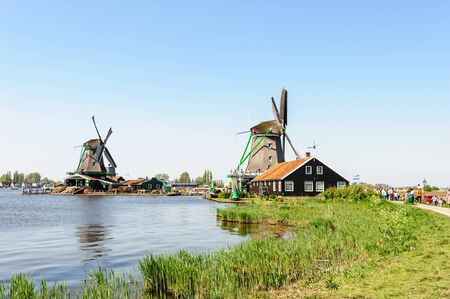 Traditional Dutch village houses in Zaanse Schans, Netherlandsのeditorial素材