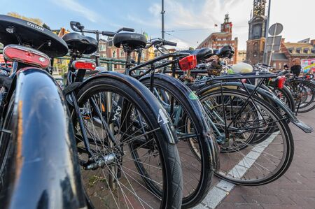 A lot of bicycles in a typical Amsterdam bike parkingのeditorial素材