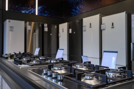 Brand new gas stoves and refrigerators home appliance retail storeの写真素材