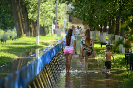 Special water barriers to prevent flood caused by river spill after heavy rains set in Vadul lui Voda beach areaのeditorial素材
