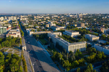 Aerial view of Great National Assembly Square and Government House in the center of Chisinau,...