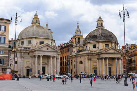 View of piazza del Popolo in Rome. Santa Maria in Montesanto and Santa Maria dei Miracoli basilicsのeditorial素材