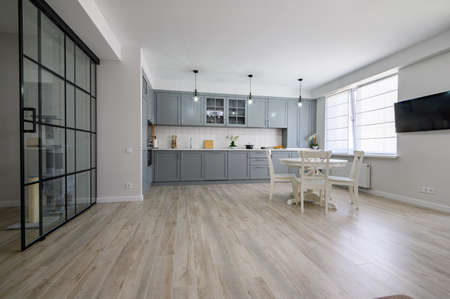 Trendy grey and white modern kitchen furniture in studio apartmentの写真素材