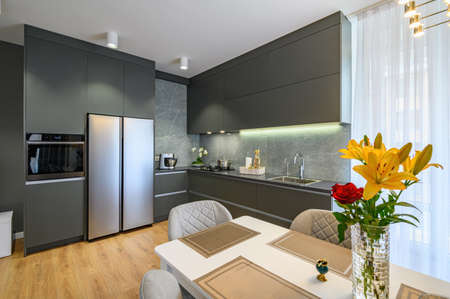 Modern large luxury dark gray kitchenの写真素材