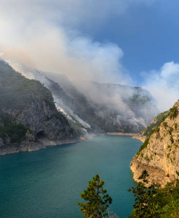 Wildfire at Piva Lake in national park of Montenegro